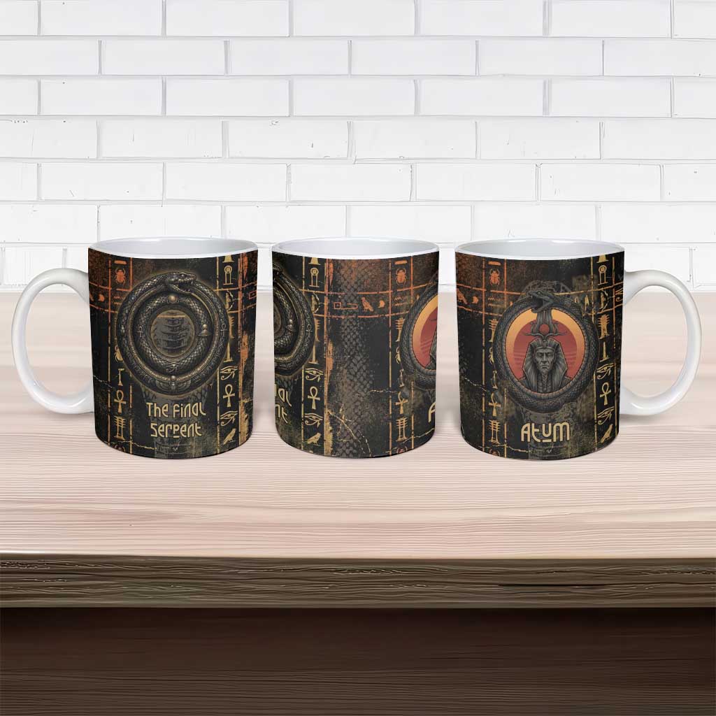 Atum Ancient Egyptian Ceramic Mug with Dark Hieroglyph Grid, Ouroboros Serpent Ring and The Final Serpent - African Pride