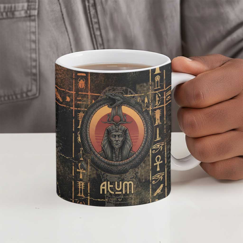 Atum Ancient Egyptian Ceramic Mug with Dark Hieroglyph Grid, Ouroboros Serpent Ring and The Final Serpent - African Pride