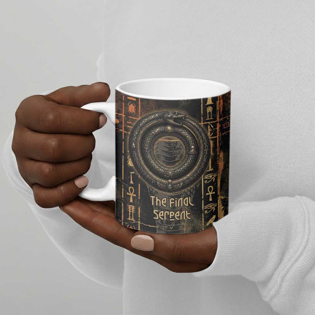 Atum Ancient Egyptian Ceramic Mug with Dark Hieroglyph Grid, Ouroboros Serpent Ring and The Final Serpent - African Pride