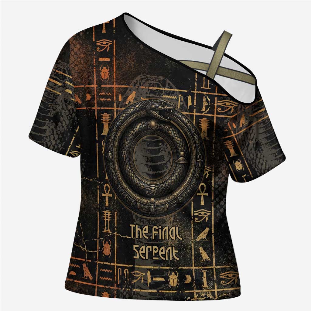 Atum Ancient Egyptian Cross Shoulder Shirt with Dark Hieroglyph Grid, Ouroboros Serpent Ring and The Final Serpent - African Pride