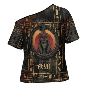 Atum Ancient Egyptian Cross Shoulder Shirt with Dark Hieroglyph Grid, Ouroboros Serpent Ring and The Final Serpent - African Pride