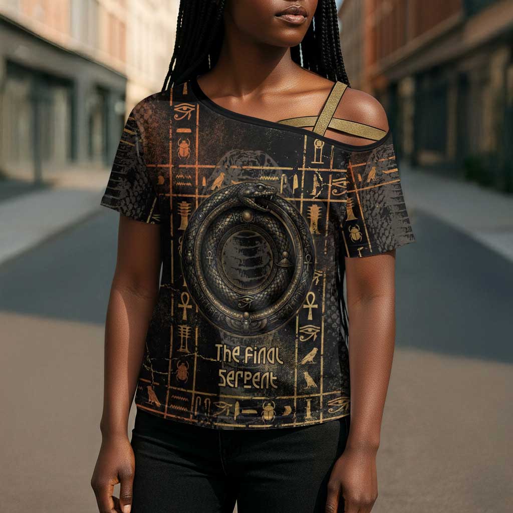 Atum Ancient Egyptian Cross Shoulder Shirt with Dark Hieroglyph Grid, Ouroboros Serpent Ring and The Final Serpent - African Pride