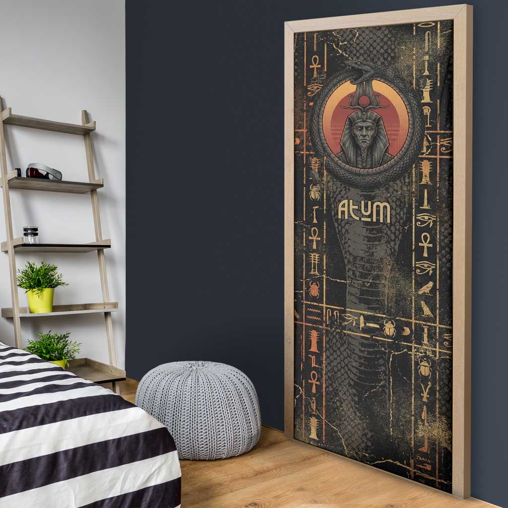 Atum Ancient Egyptian Door Cover with Dark Hieroglyph Grid, Ouroboros Serpent Ring and The Final Serpent - African Pride