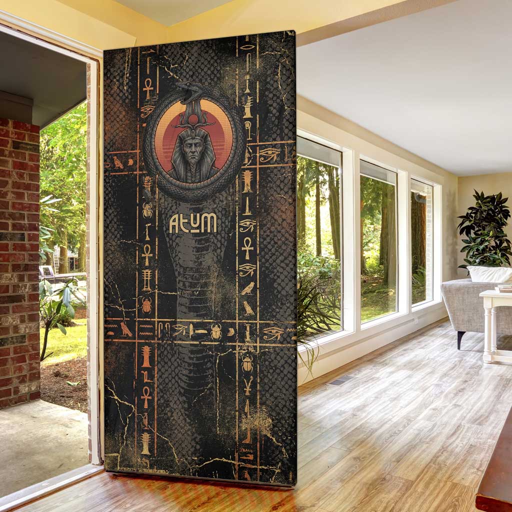 Atum Ancient Egyptian Door Cover with Dark Hieroglyph Grid, Ouroboros Serpent Ring and The Final Serpent - African Pride