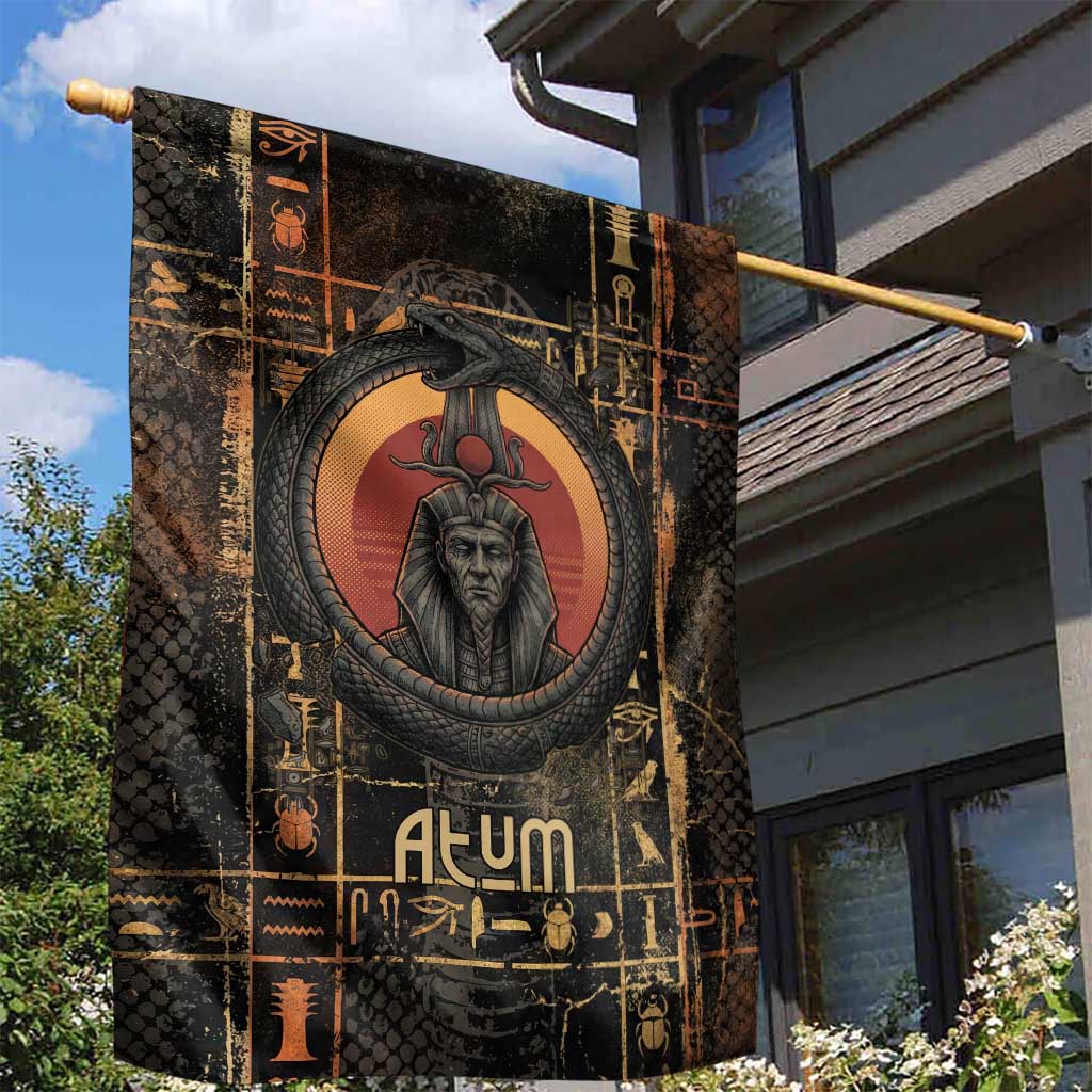 Atum Ancient Egyptian Garden Flag with Dark Hieroglyph Grid, Ouroboros Serpent Ring and The Final Serpent - African Pride