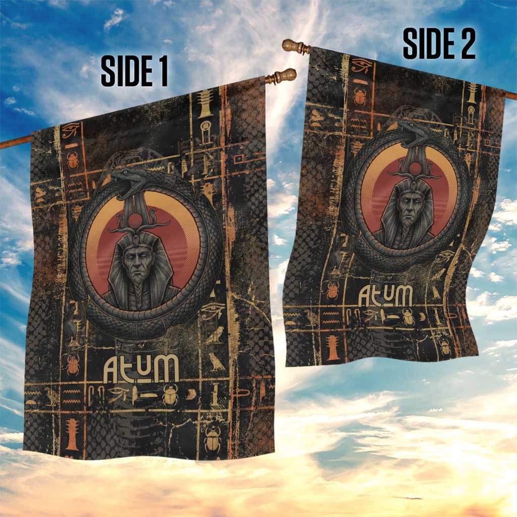 Atum Ancient Egyptian Garden Flag with Dark Hieroglyph Grid, Ouroboros Serpent Ring and The Final Serpent - African Pride