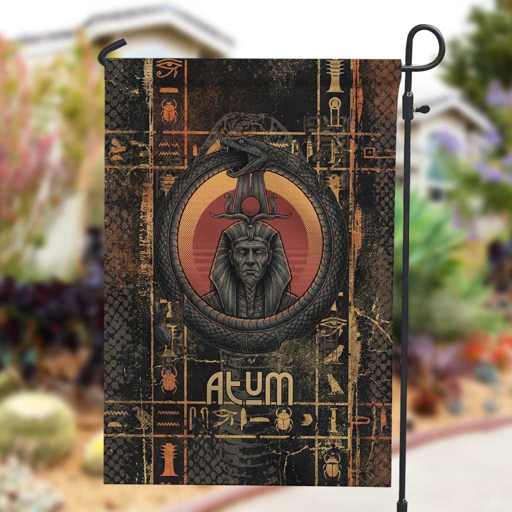 Atum Ancient Egyptian Garden Flag with Dark Hieroglyph Grid, Ouroboros Serpent Ring and The Final Serpent - African Pride