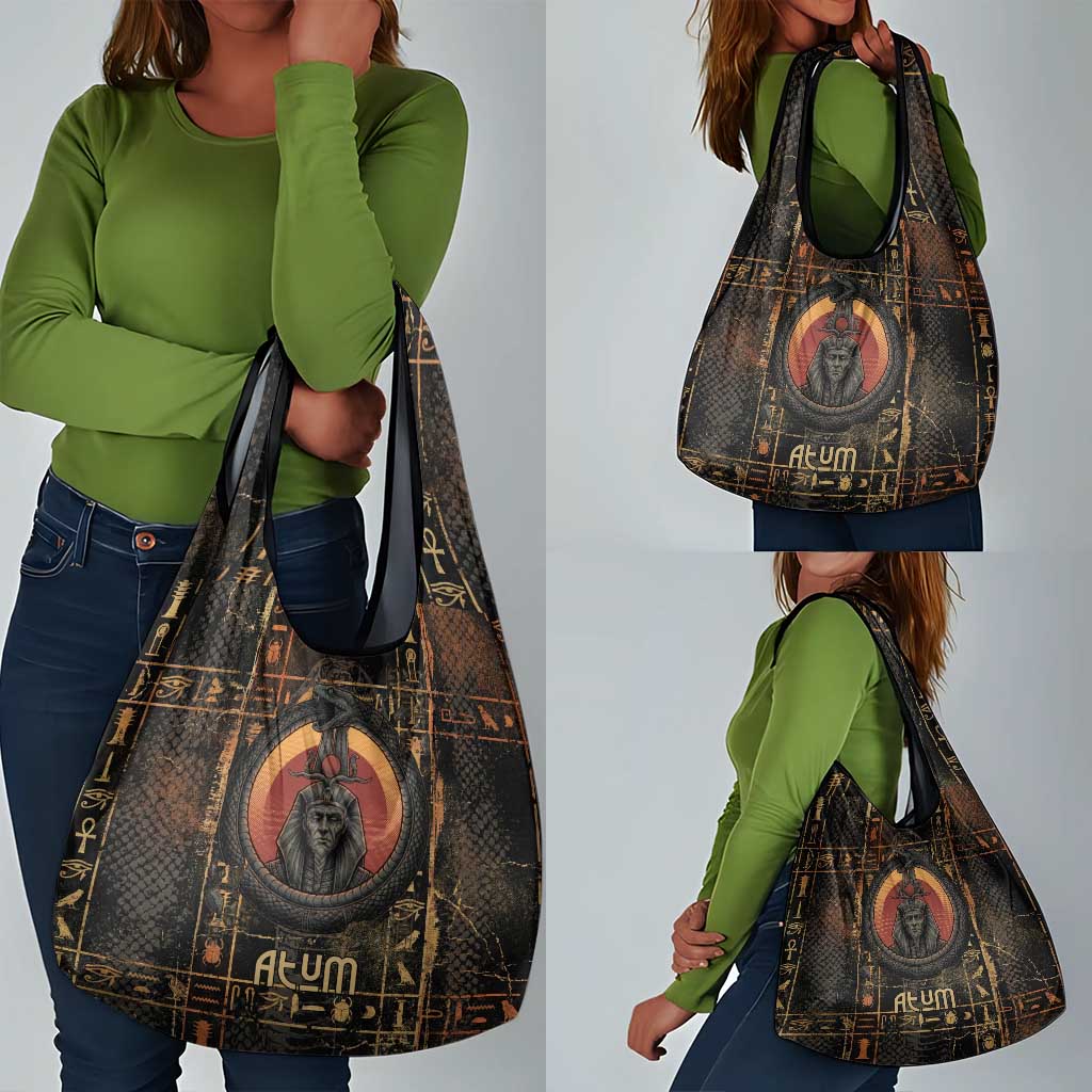 Atum Ancient Egyptian Grocery Bag with Dark Hieroglyph Grid, Ouroboros Serpent Ring and The Final Serpent - African Pride