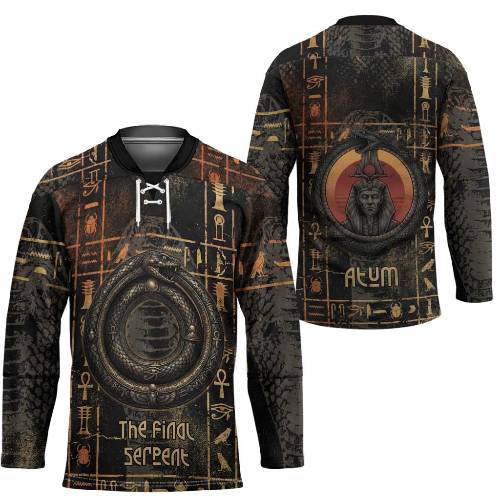 Atum Ancient Egyptian Hockey Jersey with Dark Hieroglyph Grid, Ouroboros Serpent Ring and The Final Serpent - African Pride