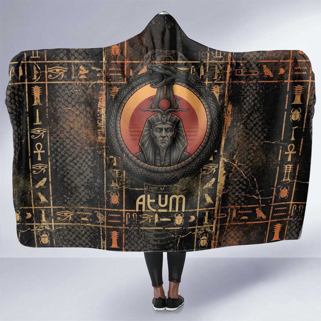 Atum Ancient Egyptian Hooded Blanket with Dark Hieroglyph Grid, Ouroboros Serpent Ring and The Final Serpent - African Pride