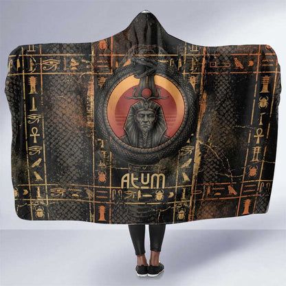 Atum Ancient Egyptian Hooded Blanket with Dark Hieroglyph Grid, Ouroboros Serpent Ring and The Final Serpent - African Pride