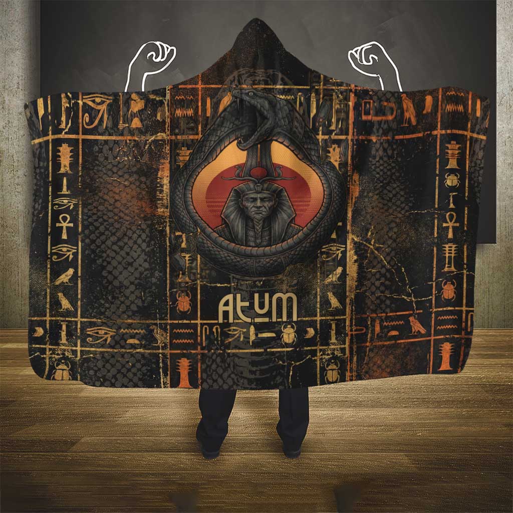 Atum Ancient Egyptian Hooded Blanket with Dark Hieroglyph Grid, Ouroboros Serpent Ring and The Final Serpent - African Pride