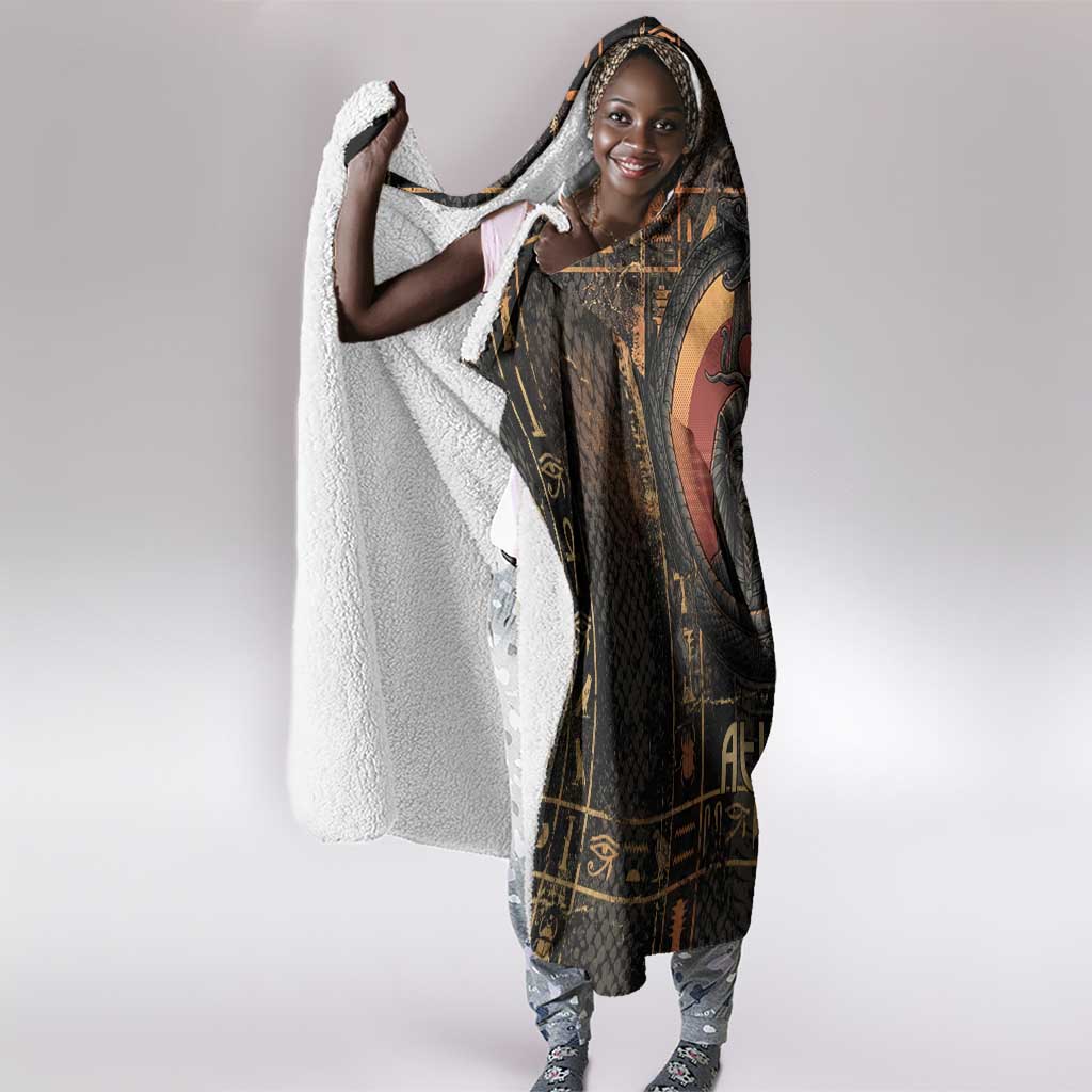 Atum Ancient Egyptian Hooded Blanket with Dark Hieroglyph Grid, Ouroboros Serpent Ring and The Final Serpent - African Pride