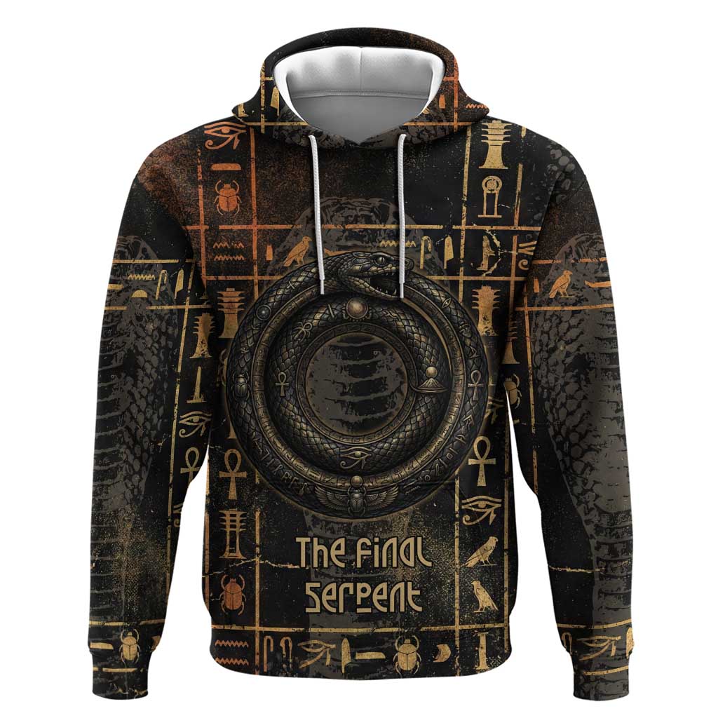 Atum Ancient Egyptian Hoodie with Dark Hieroglyph Grid, Ouroboros Serpent Ring and The Final Serpent - African Pride