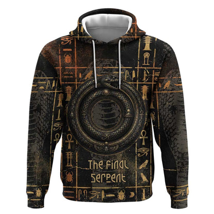 Atum Ancient Egyptian Hoodie with Dark Hieroglyph Grid, Ouroboros Serpent Ring and The Final Serpent - African Pride