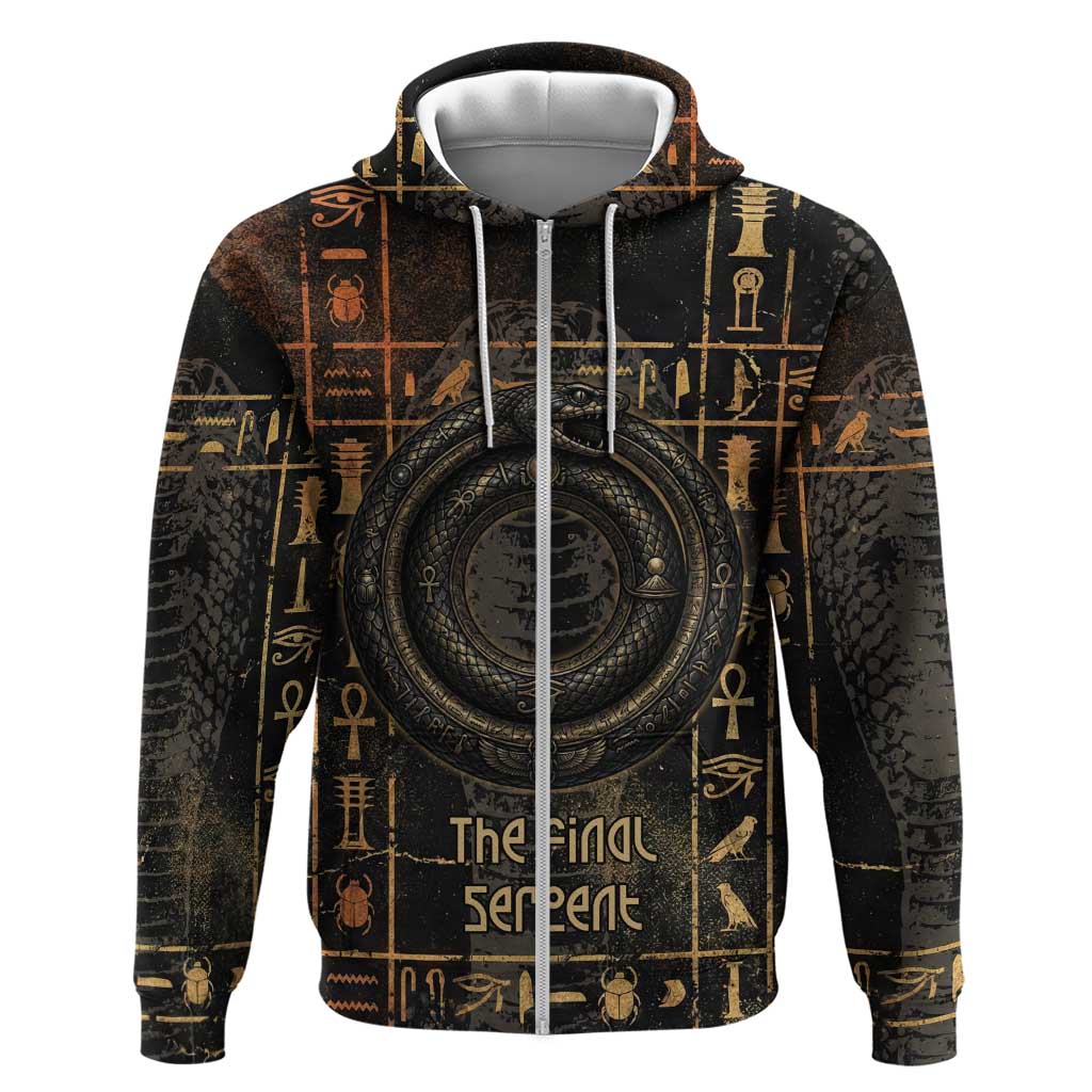 Atum Ancient Egyptian Hoodie with Dark Hieroglyph Grid, Ouroboros Serpent Ring and The Final Serpent - African Pride