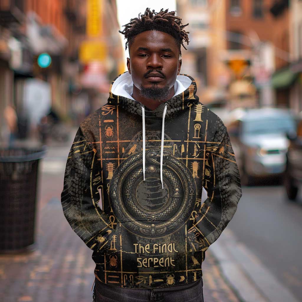 Atum Ancient Egyptian Hoodie with Dark Hieroglyph Grid, Ouroboros Serpent Ring and The Final Serpent - African Pride