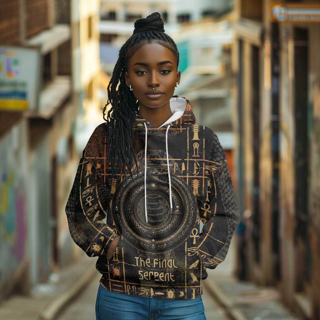 Atum Ancient Egyptian Hoodie with Dark Hieroglyph Grid, Ouroboros Serpent Ring and The Final Serpent - African Pride