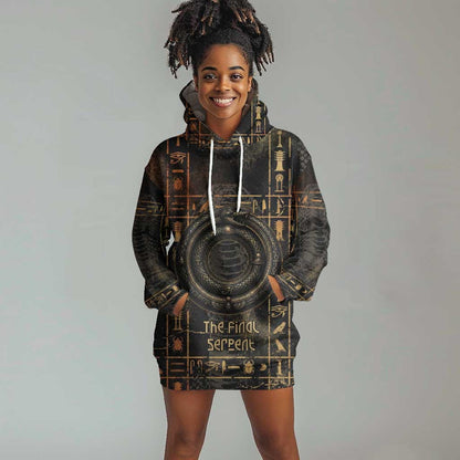 Atum Ancient Egyptian Hoodie Dress with Dark Hieroglyph Grid, Ouroboros Serpent Ring and The Final Serpent - African Pride