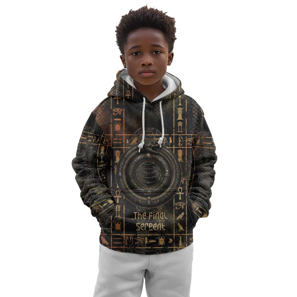 Atum Ancient Egyptian Kid Hoodie with Dark Hieroglyph Grid, Ouroboros Serpent Ring and The Final Serpent - African Pride