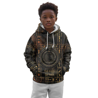 Atum Ancient Egyptian Kid Hoodie with Dark Hieroglyph Grid, Ouroboros Serpent Ring and The Final Serpent - African Pride