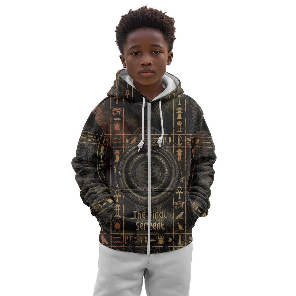 Atum Ancient Egyptian Kid Hoodie with Dark Hieroglyph Grid, Ouroboros Serpent Ring and The Final Serpent - African Pride