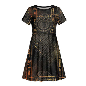 Atum Ancient Egyptian Kid Short Sleeve Dress with Dark Hieroglyph Grid, Ouroboros Serpent Ring and The Final Serpent - African Pride