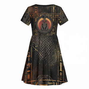 Atum Ancient Egyptian Kid Short Sleeve Dress with Dark Hieroglyph Grid, Ouroboros Serpent Ring and The Final Serpent - African Pride