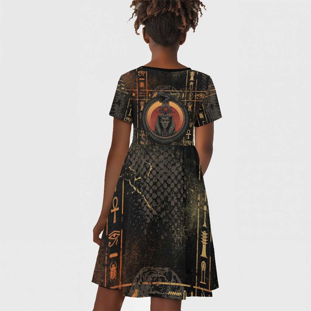 Atum Ancient Egyptian Kid Short Sleeve Dress with Dark Hieroglyph Grid, Ouroboros Serpent Ring and The Final Serpent - African Pride