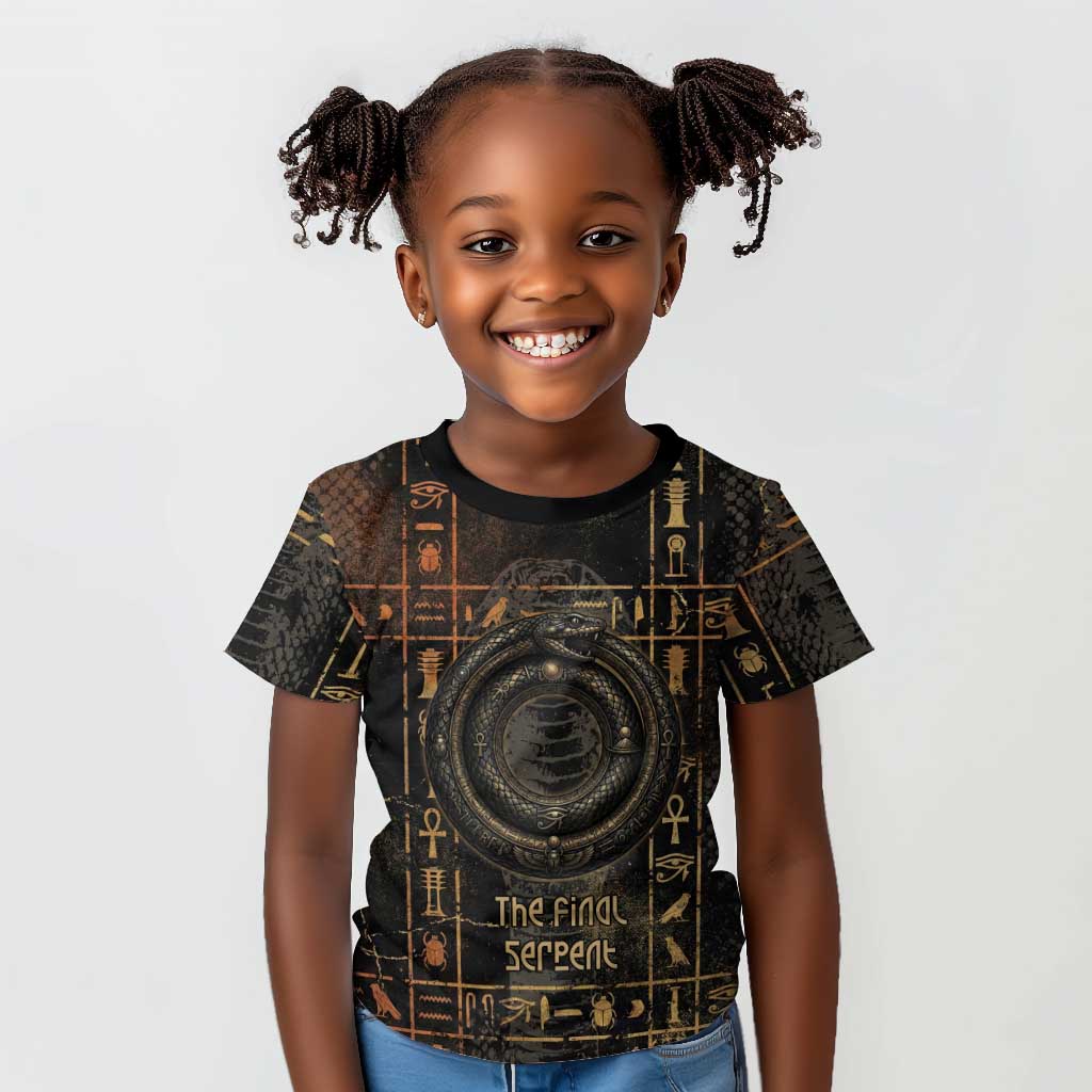 Atum Ancient Egyptian Kid T shirt with Dark Hieroglyph Grid, Ouroboros Serpent Ring and The Final Serpent - African Pride