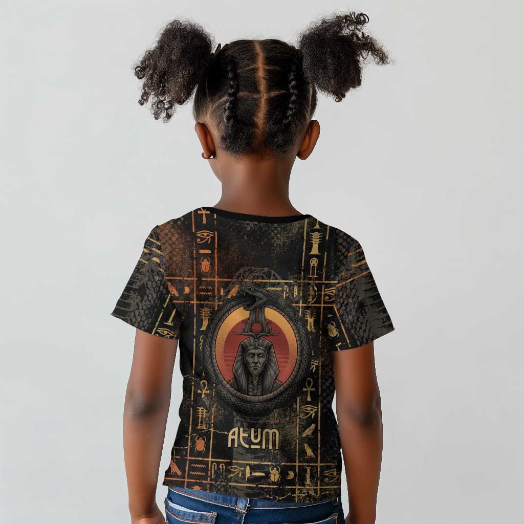 Atum Ancient Egyptian Kid T shirt with Dark Hieroglyph Grid, Ouroboros Serpent Ring and The Final Serpent - African Pride