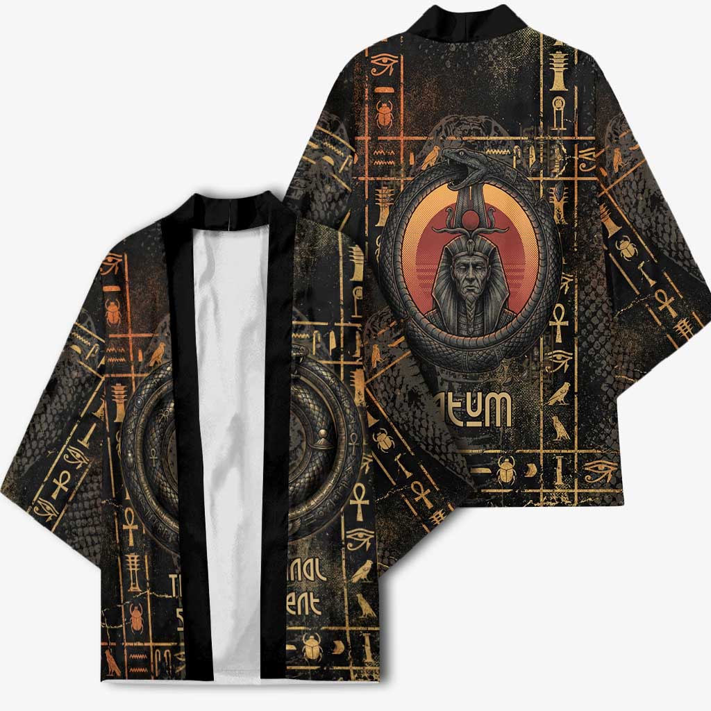 Atum Ancient Egyptian Kimono with Dark Hieroglyph Grid, Ouroboros Serpent Ring and The Final Serpent - African Pride