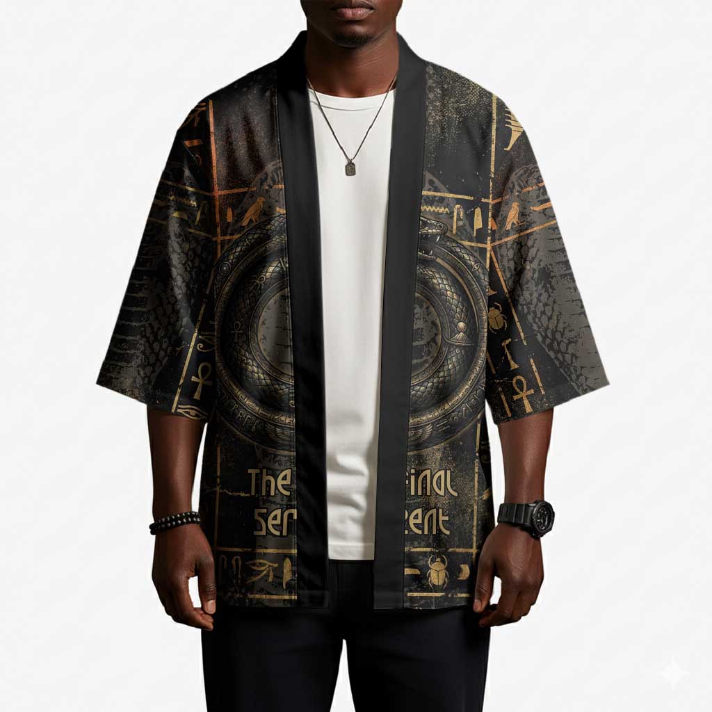 Atum Ancient Egyptian Kimono with Dark Hieroglyph Grid, Ouroboros Serpent Ring and The Final Serpent - African Pride