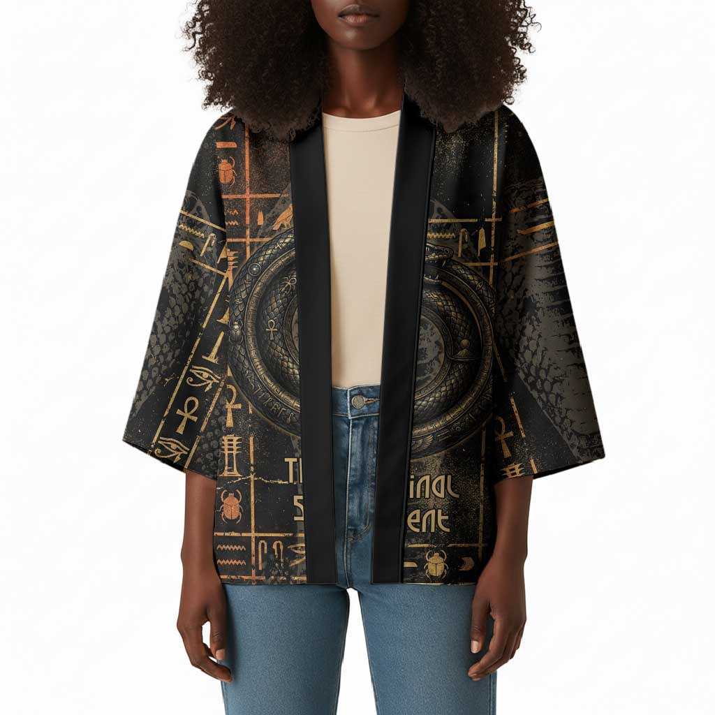 Atum Ancient Egyptian Kimono with Dark Hieroglyph Grid, Ouroboros Serpent Ring and The Final Serpent - African Pride