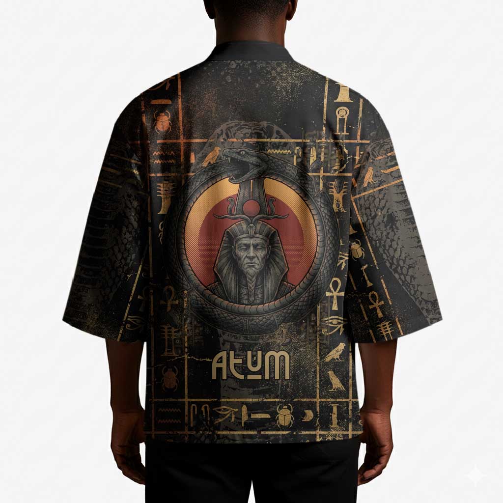 Atum Ancient Egyptian Kimono with Dark Hieroglyph Grid, Ouroboros Serpent Ring and The Final Serpent - African Pride