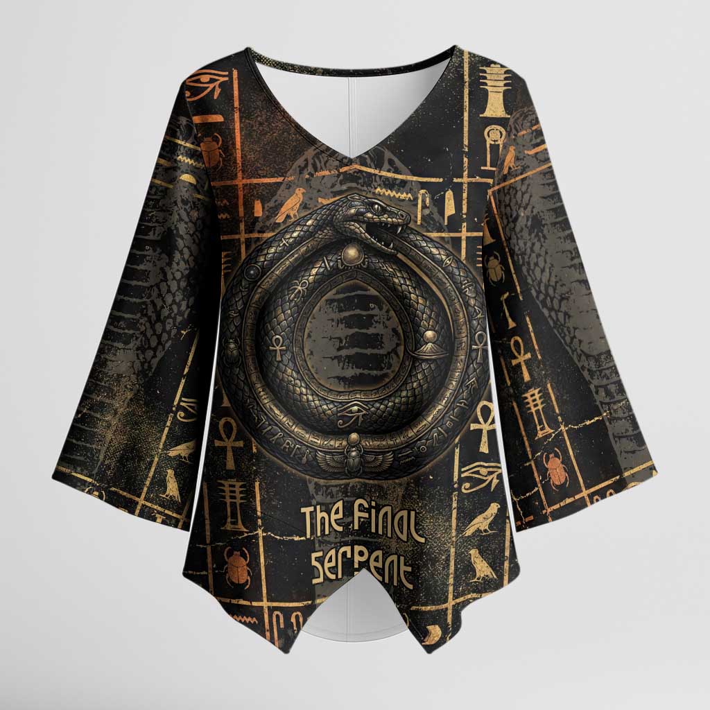 Atum Ancient Egyptian Kimono Sleeve Blouse with Dark Hieroglyph Grid, Ouroboros Serpent Ring and The Final Serpent - African Pride