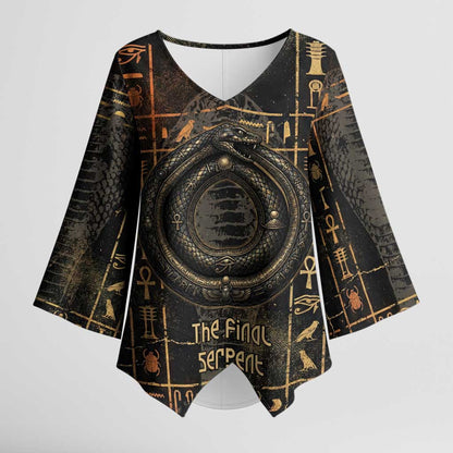Atum Ancient Egyptian Kimono Sleeve Blouse with Dark Hieroglyph Grid, Ouroboros Serpent Ring and The Final Serpent - African Pride