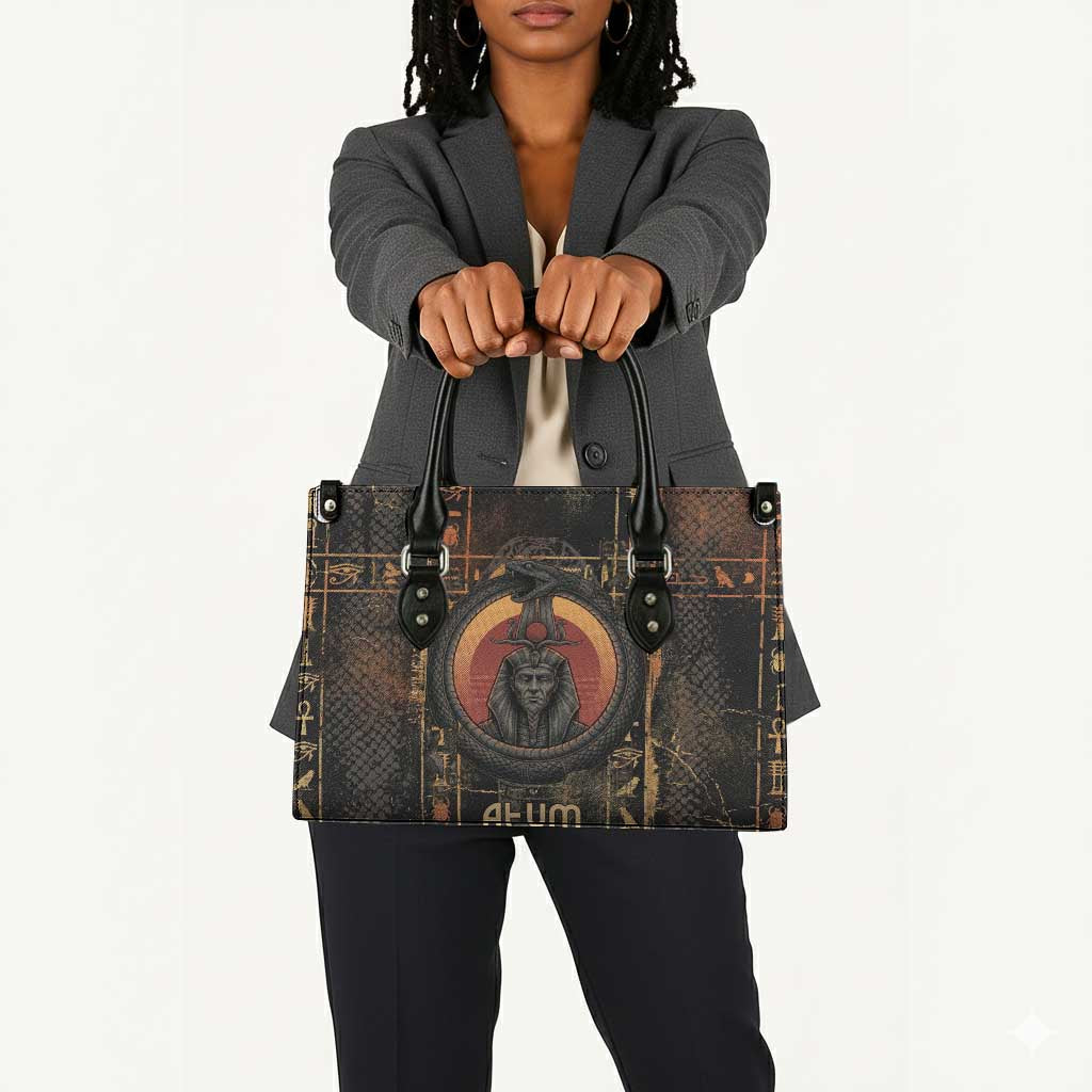 Atum Ancient Egyptian Leather Bag with Dark Hieroglyph Grid, Ouroboros Serpent Ring and The Final Serpent - African Pride