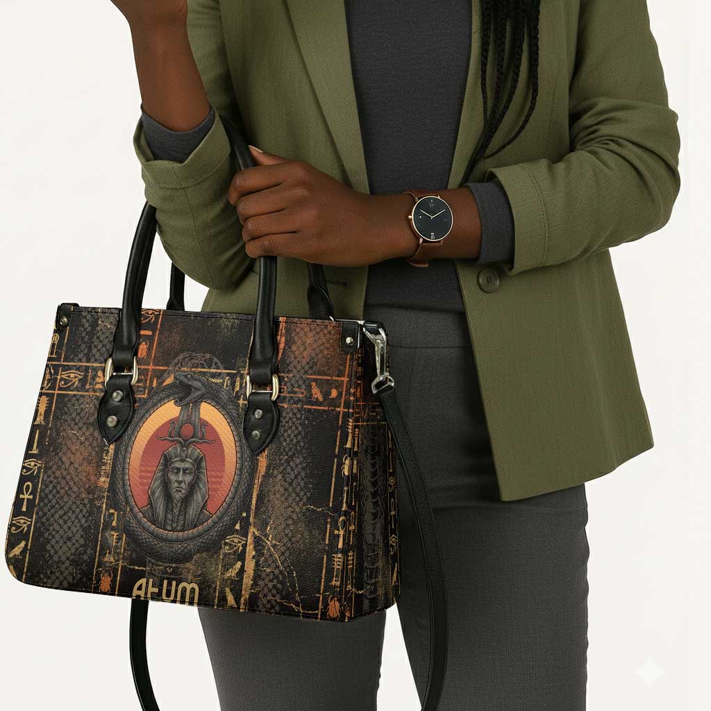 Atum Ancient Egyptian Leather Bag with Dark Hieroglyph Grid, Ouroboros Serpent Ring and The Final Serpent - African Pride