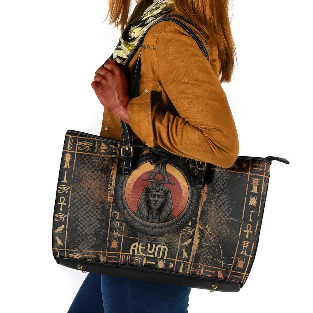 Atum Ancient Egyptian Leather Tote Bag with Dark Hieroglyph Grid, Ouroboros Serpent Ring and The Final Serpent - African Pride