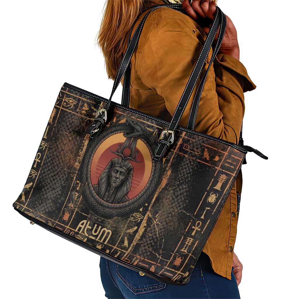 Atum Ancient Egyptian Leather Tote Bag with Dark Hieroglyph Grid, Ouroboros Serpent Ring and The Final Serpent - African Pride