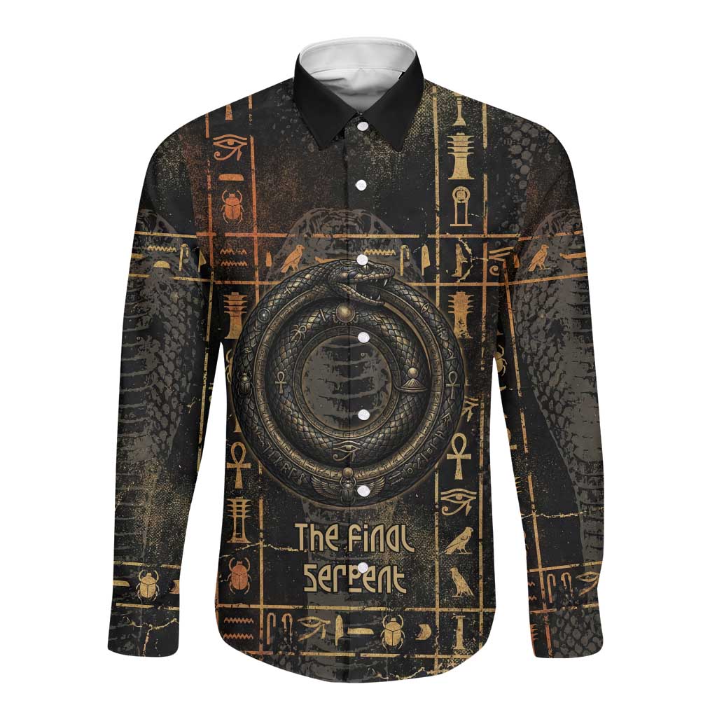 Atum Ancient Egyptian Long Sleeve Button Shirt with Dark Hieroglyph Grid, Ouroboros Serpent Ring and The Final Serpent - African Pride