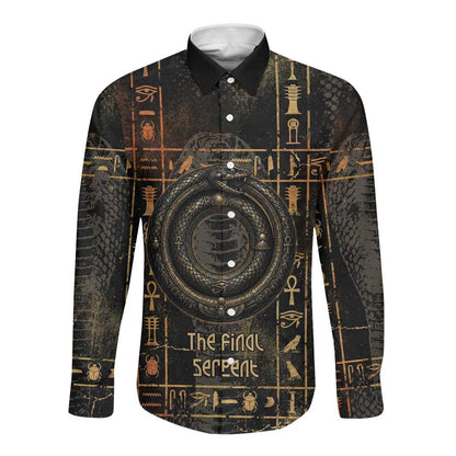 Atum Ancient Egyptian Long Sleeve Button Shirt with Dark Hieroglyph Grid, Ouroboros Serpent Ring and The Final Serpent - African Pride
