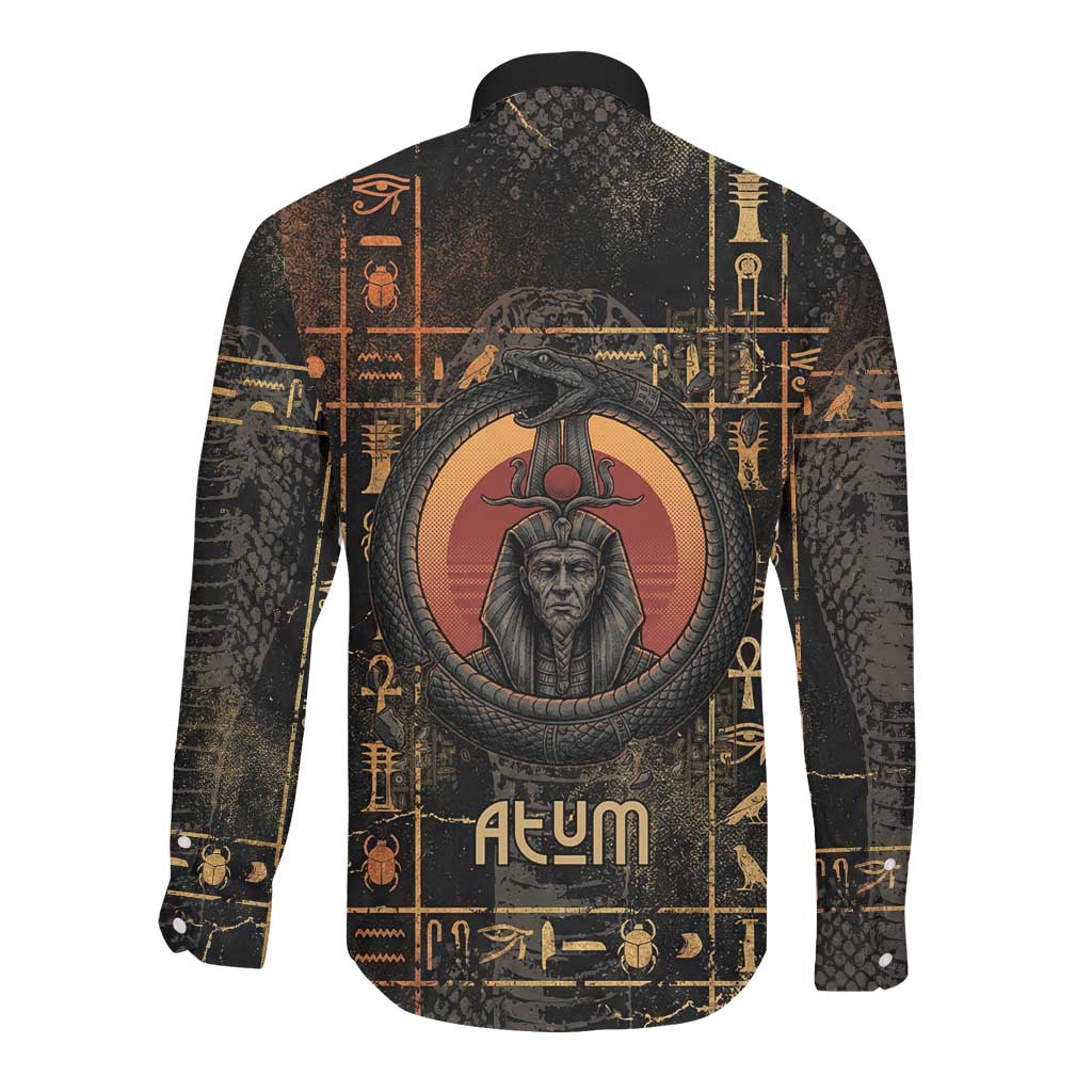 Atum Ancient Egyptian Long Sleeve Button Shirt with Dark Hieroglyph Grid, Ouroboros Serpent Ring and The Final Serpent - African Pride