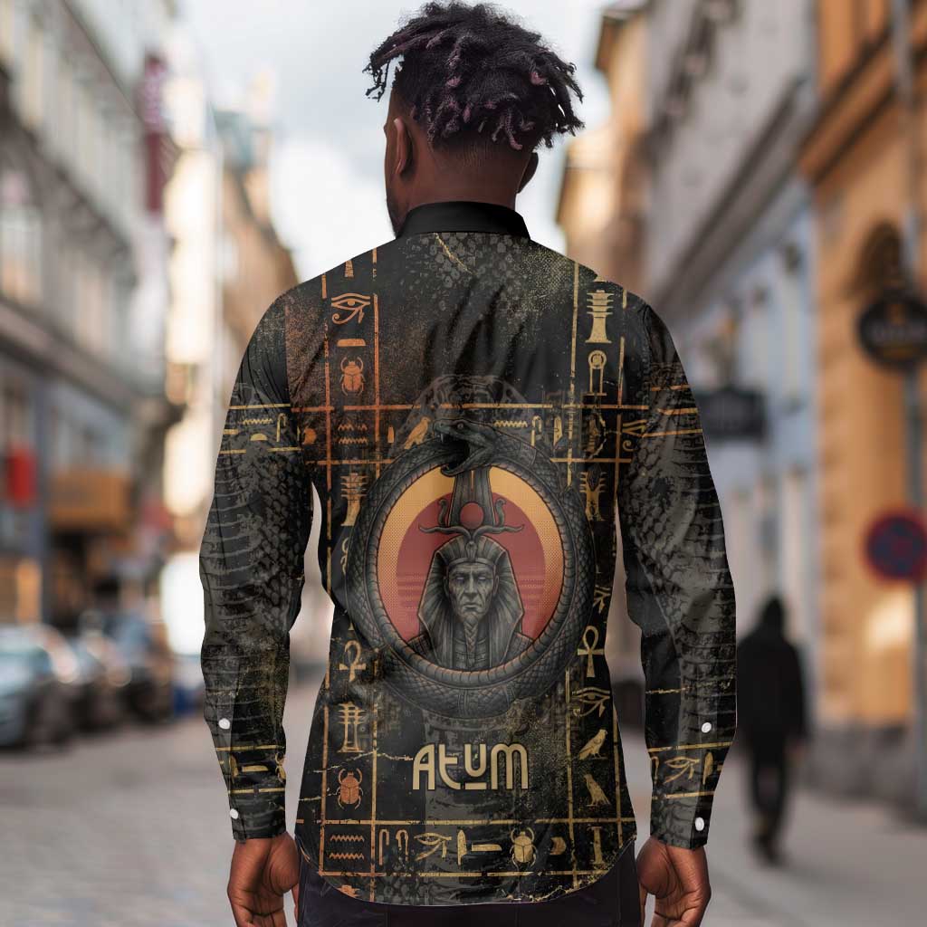 Atum Ancient Egyptian Long Sleeve Button Shirt with Dark Hieroglyph Grid, Ouroboros Serpent Ring and The Final Serpent - African Pride