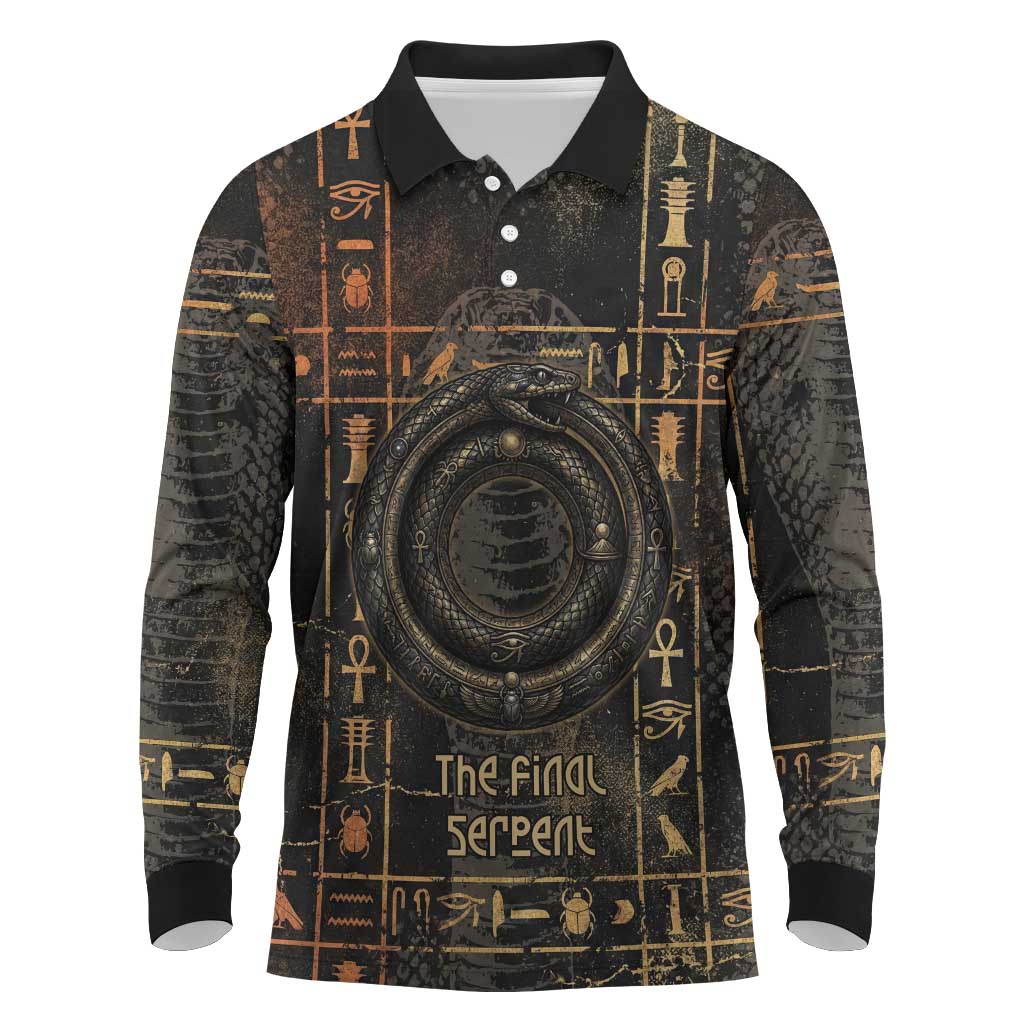 Atum Ancient Egyptian Long Sleeve Polo Shirt with Dark Hieroglyph Grid, Ouroboros Serpent Ring and The Final Serpent - African Pride
