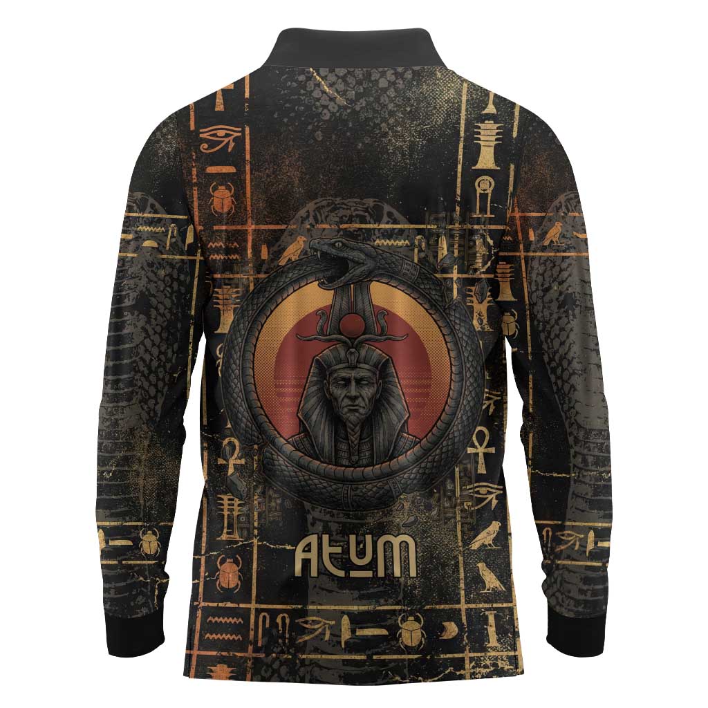 Atum Ancient Egyptian Long Sleeve Polo Shirt with Dark Hieroglyph Grid, Ouroboros Serpent Ring and The Final Serpent - African Pride