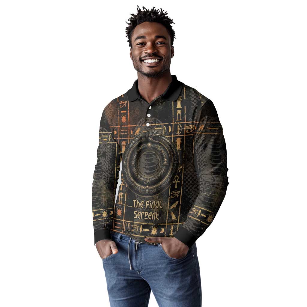 Atum Ancient Egyptian Long Sleeve Polo Shirt with Dark Hieroglyph Grid, Ouroboros Serpent Ring and The Final Serpent - African Pride