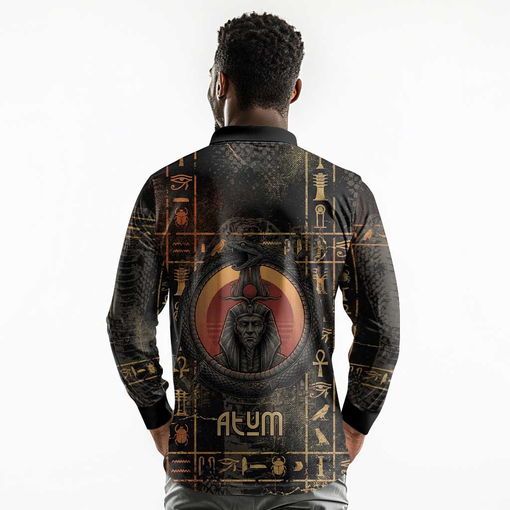 Atum Ancient Egyptian Long Sleeve Polo Shirt with Dark Hieroglyph Grid, Ouroboros Serpent Ring and The Final Serpent - African Pride