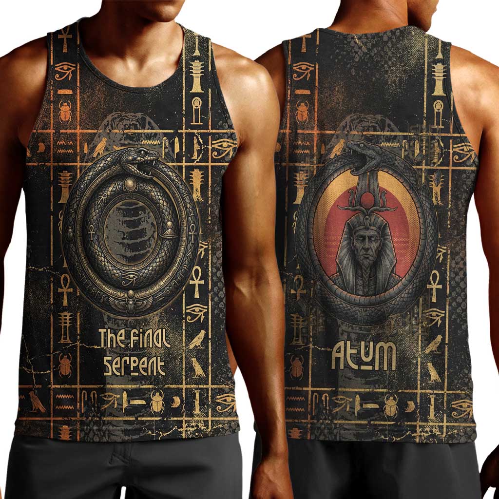 Atum Ancient Egyptian Men Tank Top with Dark Hieroglyph Grid, Ouroboros Serpent Ring and The Final Serpent - African Pride